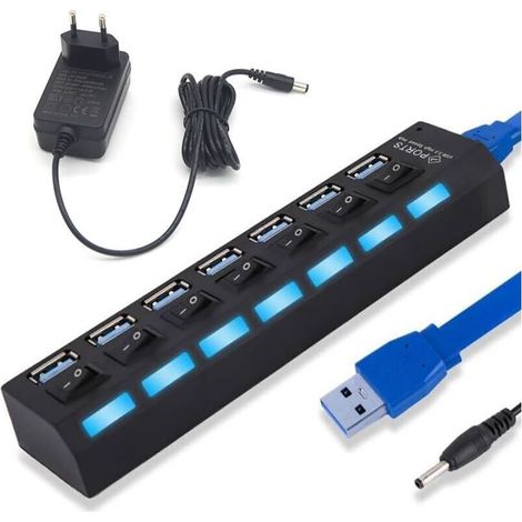 Hub USB 3.0 à 7 ports avec interrupteurs LED et bloc d'alimentation pour ordinateur portable et PC (1/5)