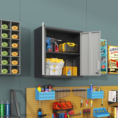 Wandschrank 75x30x77cm, verstellbarer Einlegeboden, abschließbare Türen, Metallfarbe: Schwarz und Grau