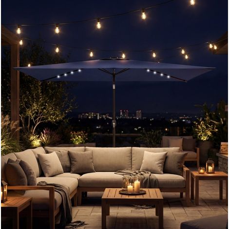 Sombrilla solar LED para balcón de 300 x 200 cm, inclinable con manivela, con funda, de poliéster azul marino. (1/5)