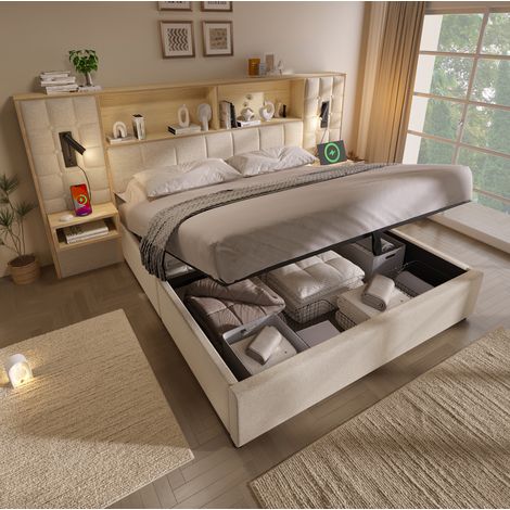 Cama tapizada 160x200 cm, con almacenaje hidráulico, luces de lectura, puertos USB y Type-C, lino beige (1/5)