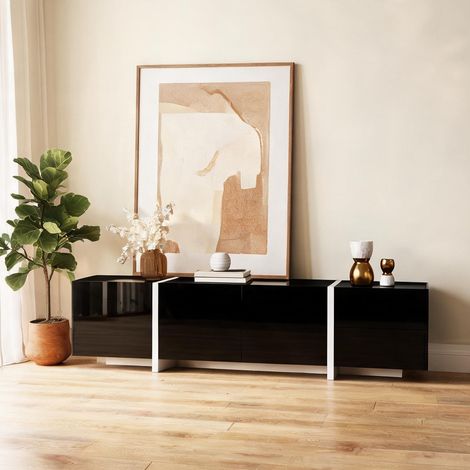 Meuble TV bas avec rangements finition noir brillant et pieds (1/5)