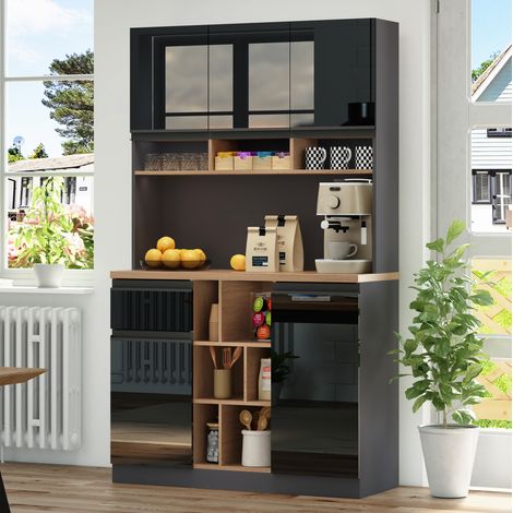 Aparador alto de cocina 105x45x185 cm, manijas metálicas, estantes ajustables, 1 cajón, almacenamiento abierto, negro y natural (1/5)