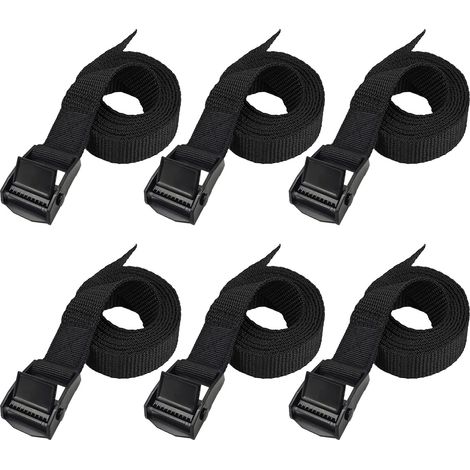 Sangles d'arrimage porte-vélo, 6 pièces 2,5cm x 1m, noires. Lot complet de sangles de tension pour fixation solide. Longueurs et nombres variés. (1/5)