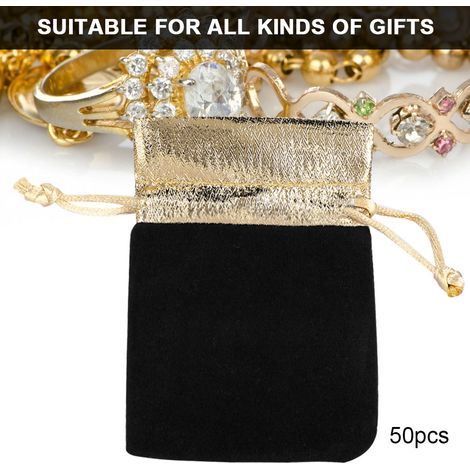 50 Samtbeutel (9 x 7 cm) mit weichem Kordelzug für Schmuck, Geschenke oder Hochzeiten – Schwarz (1/4)