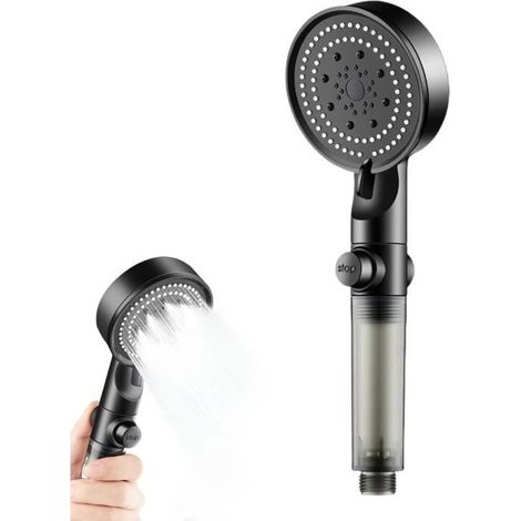 Pommeau de douche - 5 modes - Noir - ABS - 1,5m - Chromé (1/4)