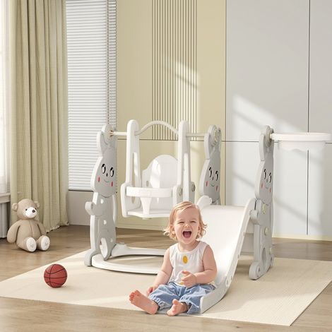 Toboggan 4 en 1 avec balançoire, structure d'escalade, panier de basket, aire de jeux pour enfants avec motif lapin, toboggan pour tout-petits, utilisable à l'intérieur et à l'extérieur, enfants de 1, (1/4)