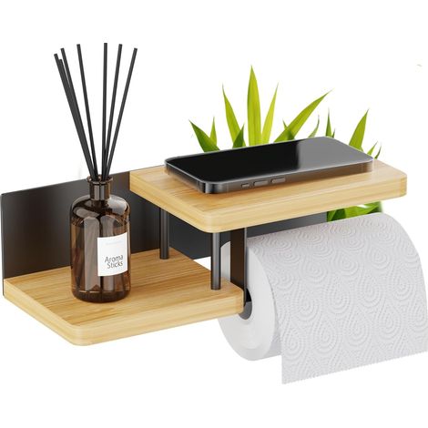 Support Papier Toilette Mural - avec ou sans Perçage - Porte-Papier Toilette en Bois & Métal - Distributeur Rouleau Papier WC PQ - Noir & Bambou (1/5)