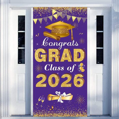 Décorations de remise de diplômes 2026 : panneau de porte « Félicitations aux diplômés », bannière violette et or « Promotion 2026 », décoration suspendue pour porte d’entrée ou porche, articles de fê (1/5)