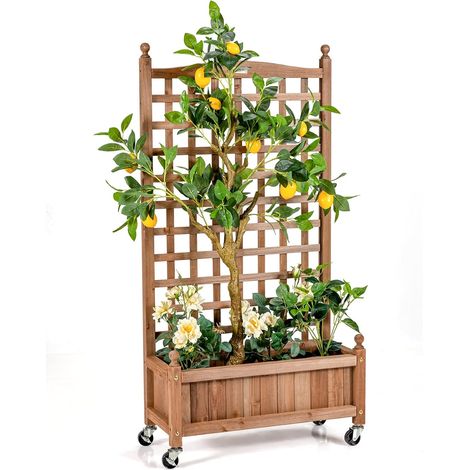 Goplus – Jardinière surélevée en bois de sapin avec treillis et roues – Trous de drainage pour plantes grimpantes – Dimensions 64x28x127cm – Capacité 30kg (1/4)