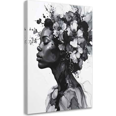 Toile Imprimée, Portrait de femme en noir et blanc avec des fleurs dans les cheveux,20x30 (1/4)