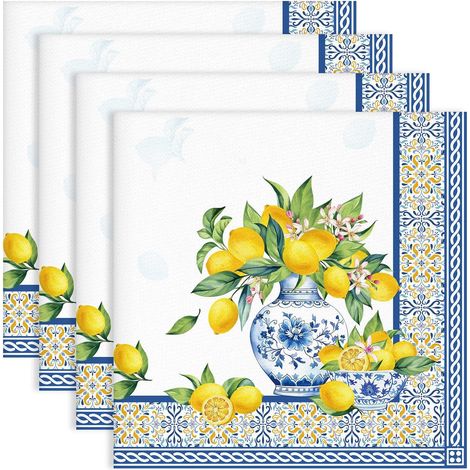 Serviettes de Feuille Table Lot de 4, Serviettes Citron en Tissu 100% Coton Doux et Confortable Réutilisables Serviettes pour Le Dîner en Famille Mariage Cuisine Printemps été(45cm×45cm) (1/5)