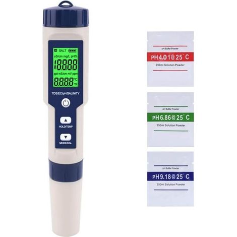 PH-Mètre, 5 En 1 PH/TDS/EC/Salinité/Tempmètre, Testeur De Moniteur De Qualité De L'eau Pour Piscines, Culture Hydroponique, Eau Potable, Aquariums (1/5)