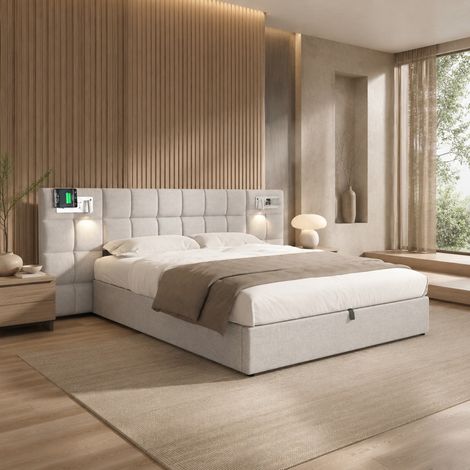 Cama canapé 180x200 cm de lino gris con USB y almacenaje, sin colchón – MEUBLIV (1/5)