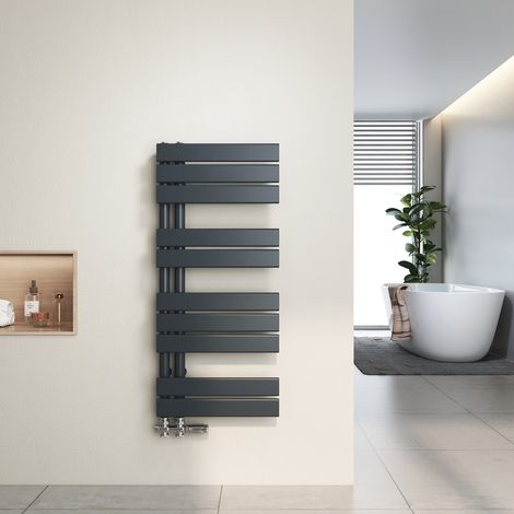 Heilmetz Radiador toallero de agua caliente 89,9 x 40 cm, 380 W, Antracita, Diseño asimétrico, Tubos planos, Conexión lateral