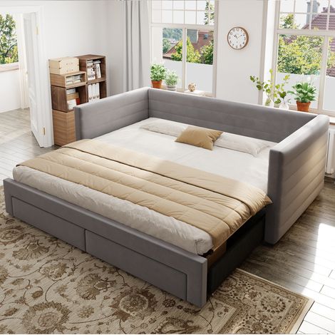 DESVIAE Lit canapé convertible rembourré 3 en 1 avec tiroirs 90 x 190 cm 180 x 190 cm lit simple et lit double gris (1/5)