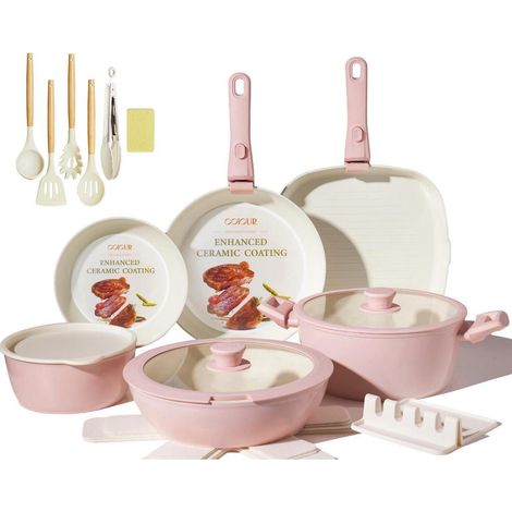 Keramik Topfset 23-teilig Antihaft mit abnehmbarem Griff, stapelbar, Induktion, Rosa