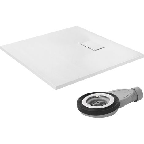 LuxeBath Duschwanne 90x90 cm Weiß mit Ablaufgarnitur, Extra flache und robuste SMC Duschtasse, Quadratische Brausewanne H:30mm, Design Brausetasse Anti-Rutsch-Oberfläche in Schieferoptik mit Siphon (1/5)