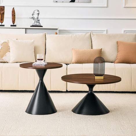 DESMIU Tables Basses Gigognes Rondes avec 2 Plateaux, Pieds Coniques en Métal, pour Salon et Chambre, Noyer Noir (1/5)