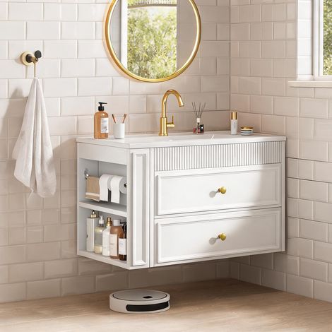 Meuble vasque suspendu 81 cm en MDF finition blanche avec lavabo (1/5)
