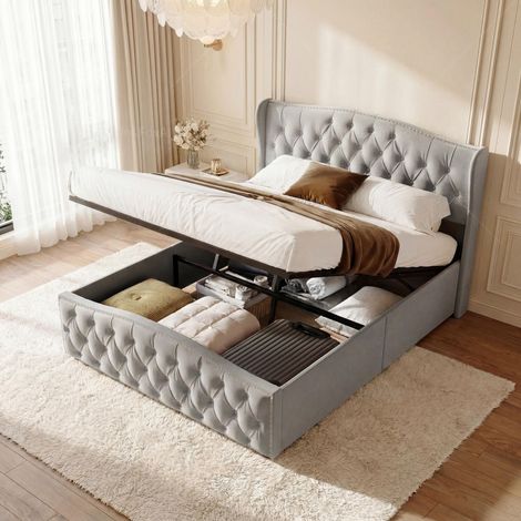 Letto contenitore 140x190 cm - matrimoniale con rete a doghe imbottito in velluto grigio testiera ondulata trapuntata borchie stile moderno (1/5)