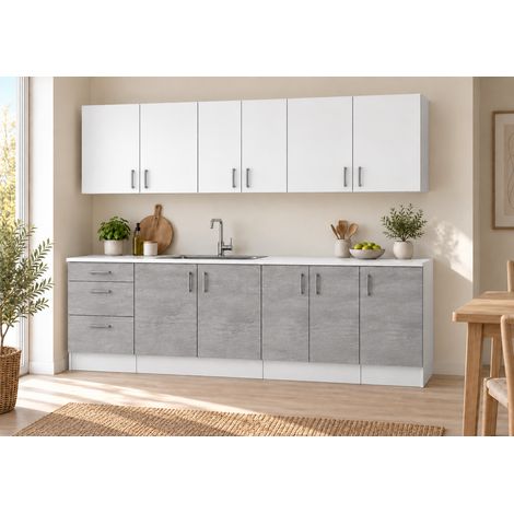 Küchenzeile 220 cm, 7 Schränke, Betonoptik unten / Weiß matt oben, ohne Arbeitsplatte (1/5)