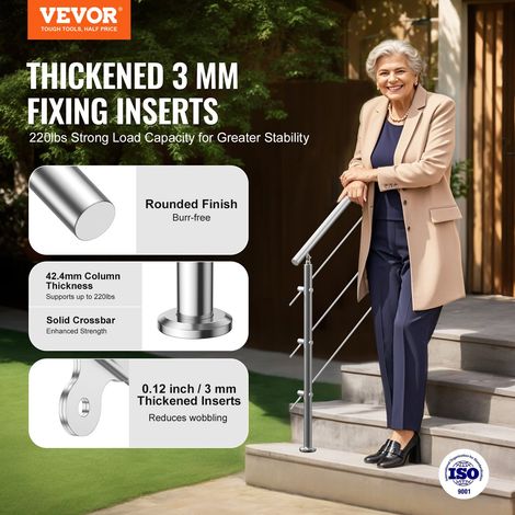 Rampe d'Escalier, 120 cm, Main Courante Escalier pour Marches Extérieur Acier Inox, 3 Barres Transversales, Kit d'Installation, Garde Corps Double Colonne pour Personnes Âgées, Porche, Terrasse (1/5)