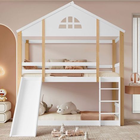 Lit superposé enfant - SOGEU - Style Maison avec toboggan - 90x200 cm - Pin massif & MDF - Échelle 3 marches (1/5)