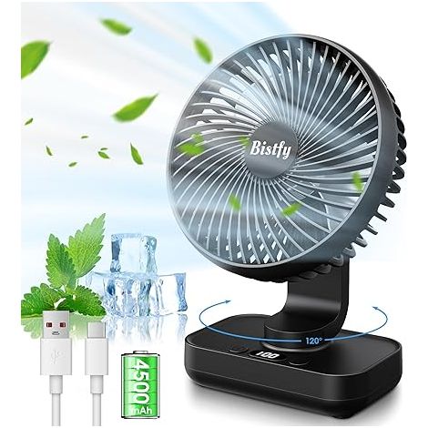 Ventilador de escritorio oscilante negro de 5,5" – Rotación de 120°, inclinación de 90° – 4 velocidades – Batería de 4500 mAh (16 horas) – Carga rápida de 2 A – Pantalla LED (1/5)