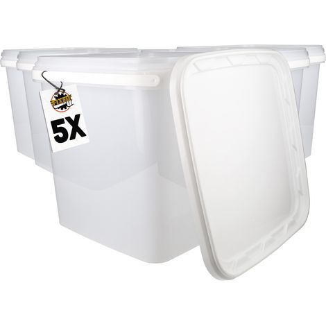 5x Seau en plastique avec couvercle, PP, carré, blanc, qualité alimentaire 8,8 L