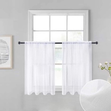 Kurze, transparente weiße Küchengardinen, 61 cm lang, halbtransparenter, strukturierter Leinenvoile (1/5)