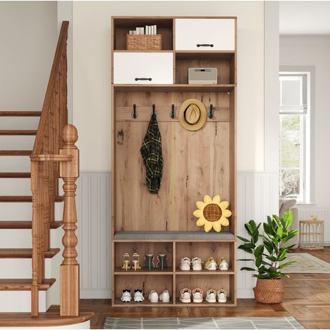 MEUBLIV Mueble de entrada 80x185x35 cm natural y blanco – banco, ganchos y almacenaje (1/5)