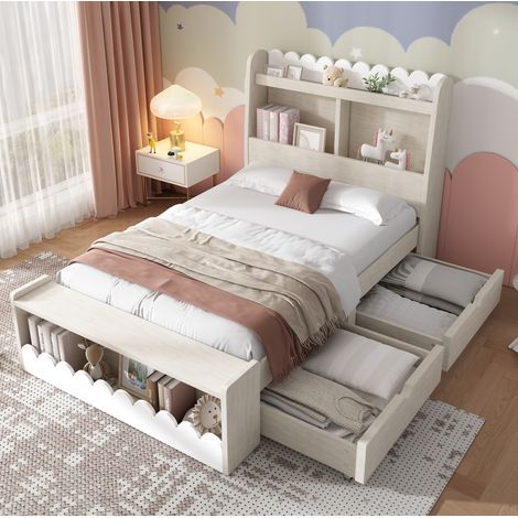 Lit enfant simple moderne 90x200 cm avec sommier à lattes, 2 tiroirs, étagères et banc coffre, bois blanc et chêne clair (1/5)