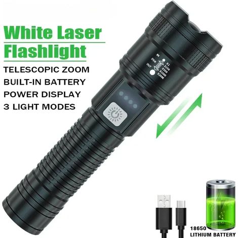 Lampe torche ultra-lumineuse de 5000 lumens, batterie intégrée, projecteur d'urgence, zoom télescopique. (1/3)