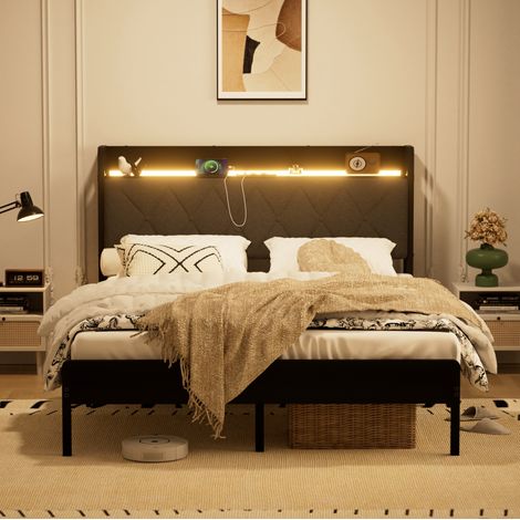 Letto matrimoniale 140x190 cm nero e grigio in lino e acciaio con testiera LED e porta USB (1/5)