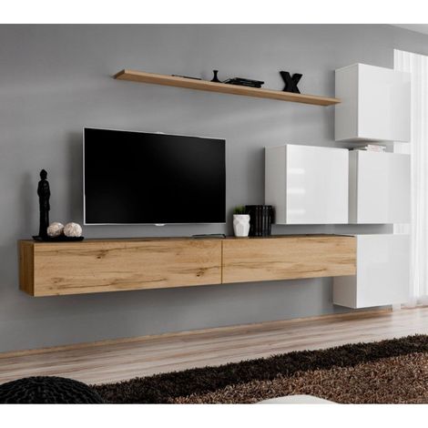 Meuble TV Mural Design "Switch IX" 310cm Naturel & Blanc (1/4)