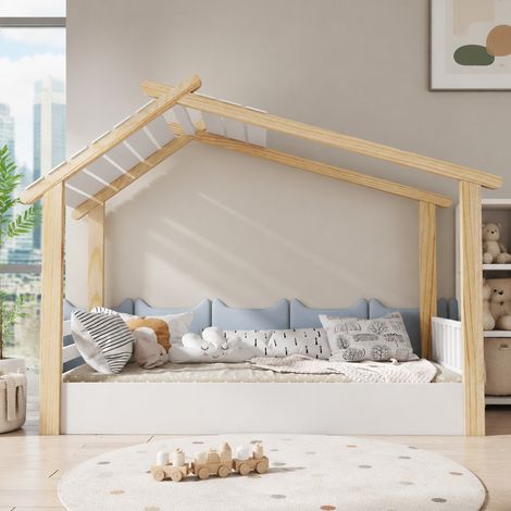 DESMIU Lit cabane enfant 1 place 90 × 190 cm avec structure maison, sans matelas, en bois massif et MDF, blanc naturel (1/5)