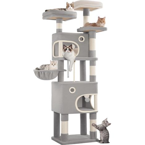 Arbre à chat 180 cm – 3 plateformes et 2 grottes – Griffoirs en sisal – Base large et kit anti-basculement – Pour chats jusqu'à 7 kg