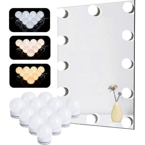 Miroir lumineux, kit d'éclairage LED Hollywood à 12 ampoules, lampe cosmétique dimmable pour salle de bain, 3 couleurs, 10 niveaux de luminosité, adaptateur inclus (miroir non inclus). (1/5)
