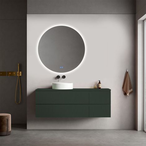 Mobile bagno sospeso cannettato reversibile  140 cm Verde Comodoro  per Lavabo d'appoggio Specchio Tondo Retroilluminato - Fiji Paint Top Canneté (1/4)