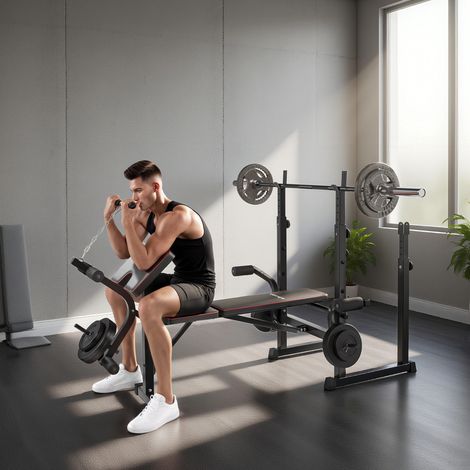 Banco de Pesas con Soportes para Barra y Respaldo Ajustable para Entrenamiento Completos de Cuerpo Negro (1/5)