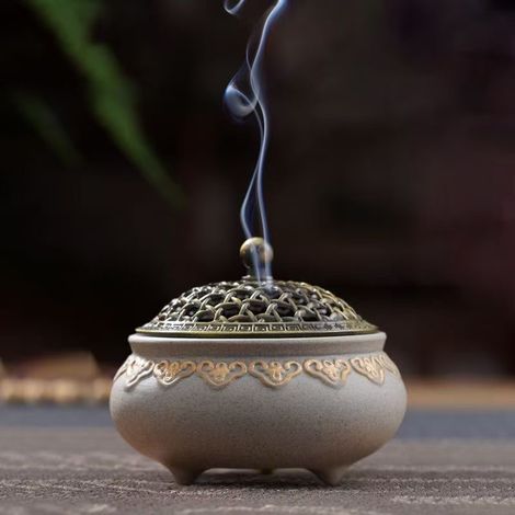 Brûleur d'encens en céramique vintage avec couvercle en métal, porte-bâton d'encens, adapté à la maison, salle de méditation, salon, bureau, décoration (1/5)