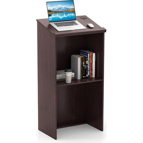 COSTWAY Podium Debout en Bois, Pupitre 117 cm, Surface Inclinée avec Rebord, Lutrin avec Étagère de Rangement et Trous pour Câbles, pour Église, Bureau, École, Séminaire (Brun) (1/5)