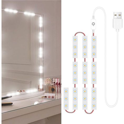 Lot de 10 lampes LED pour miroir de maquillage, à intensité variable et commande tactile, avec câble USB et ruban LED pour miroir de salle de bain. (1/5)