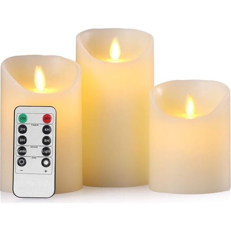 Set mit 3 flammenlosen LED-Elektrokerzen aus echtem Wachs mit Fernbedienung und 24-Stunden-Timer (Durchmesser: 7,5 cm x Höhe: 10 / 12,5 / 15 cm), Batterien nicht enthalten (1/5)