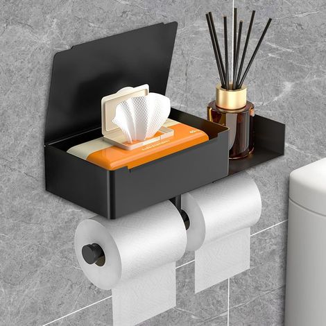 Derouleur Papier Toilette Murale,Porte Rouleau e avec boîte à mouchoirs,Porte Papier Toilette sur Pied Support sans percage pour Salle de Bain, Cuisines,Noir (1/5)