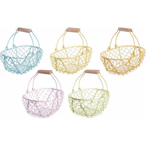 Cestini ovali in metallo colorato a rete con doppi manici in legno, set da 10 pezzi, cm 22x13x8,5 H (con manici18)