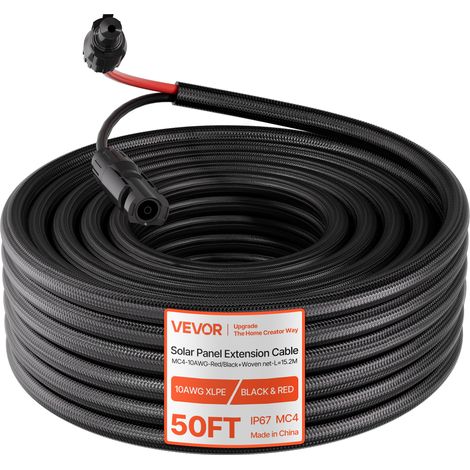 VEVOR Solarkabel Verlängerung 15,2 m, 10 AWG, Solarverlängerungskabel mit Flammhemmender Schutzhülle, Stecker & Buchsen, IP67 Wasserdichtes PV-Kabel, Solarleitung für Auto, RV, Schwarz & Rot (1/5)