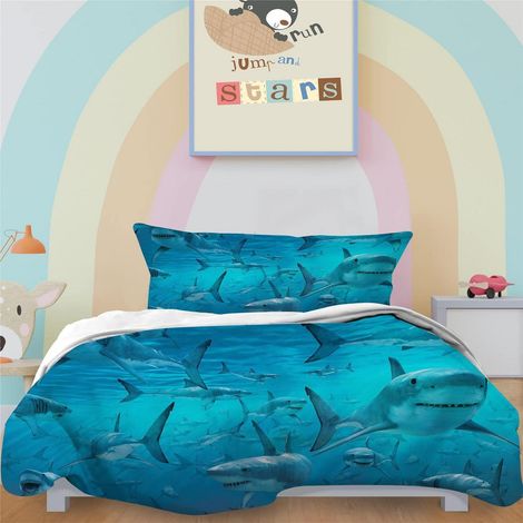 Ensemble de literie motif requin pour enfants, 2 pièces, lit simple 135x200 cm, microfibre