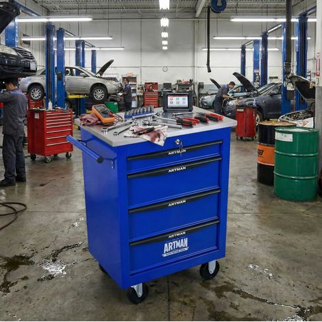 Carrello portautensili blu in acciaio, 4 cassetti, ruote e piano inox (1/5)
