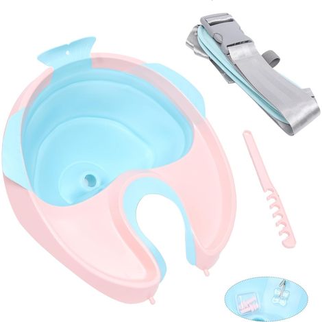 Lavabo pliable portable - Tuyau de vidange amovible - Pour shampoing à la maison - Avec mousqueton - Pour handicapées, femmes enceintes, femmes âgées et enfants - Bleu + rose (1/5)